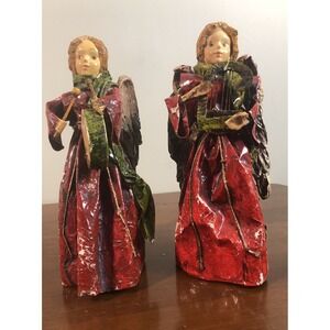 2 Vintage Christmas Paper Mache‎ Angel Figurines Playing Harp Drum Red 10"